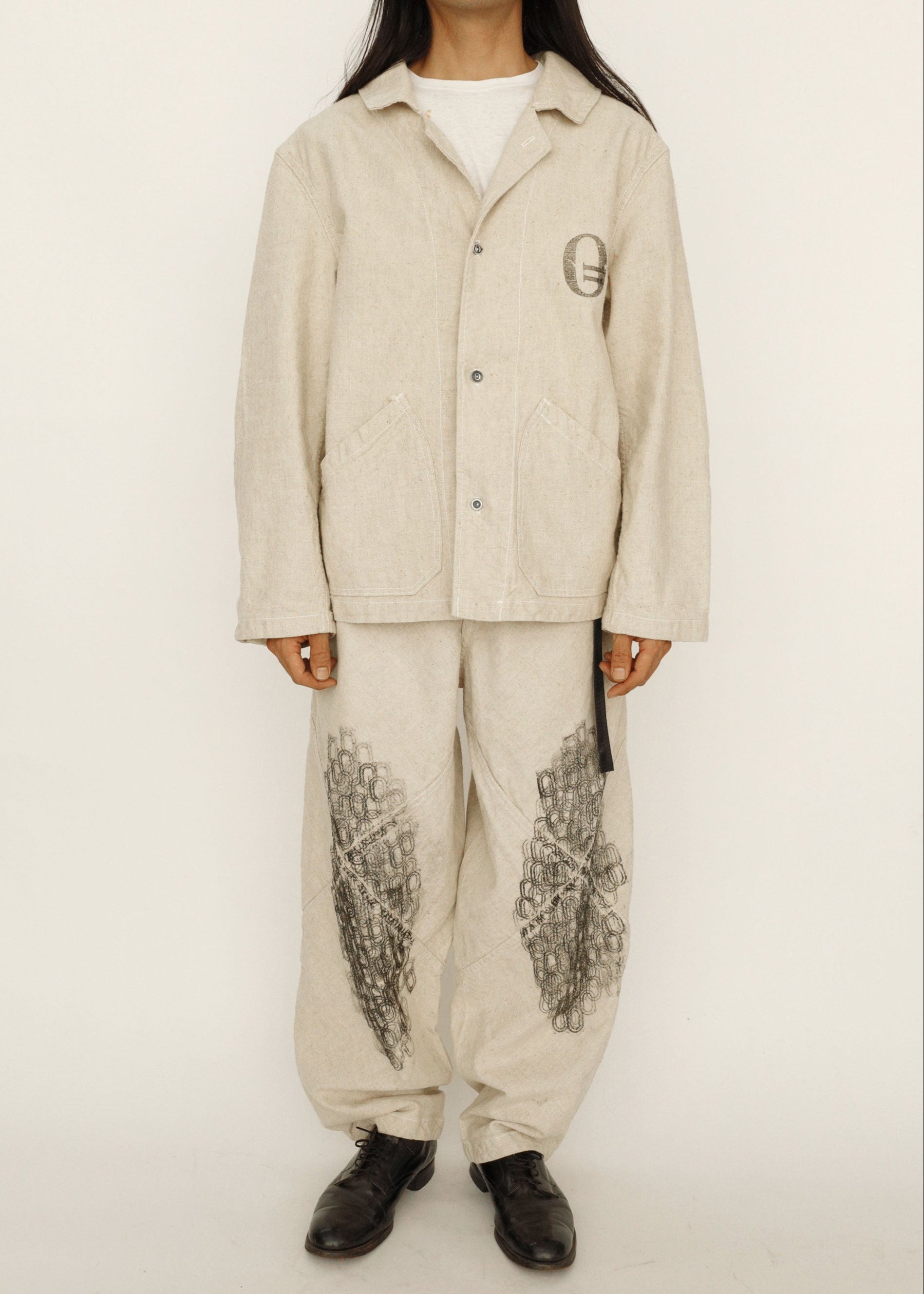 Hand Stamped One Mile Linen Jacket  Ivory M