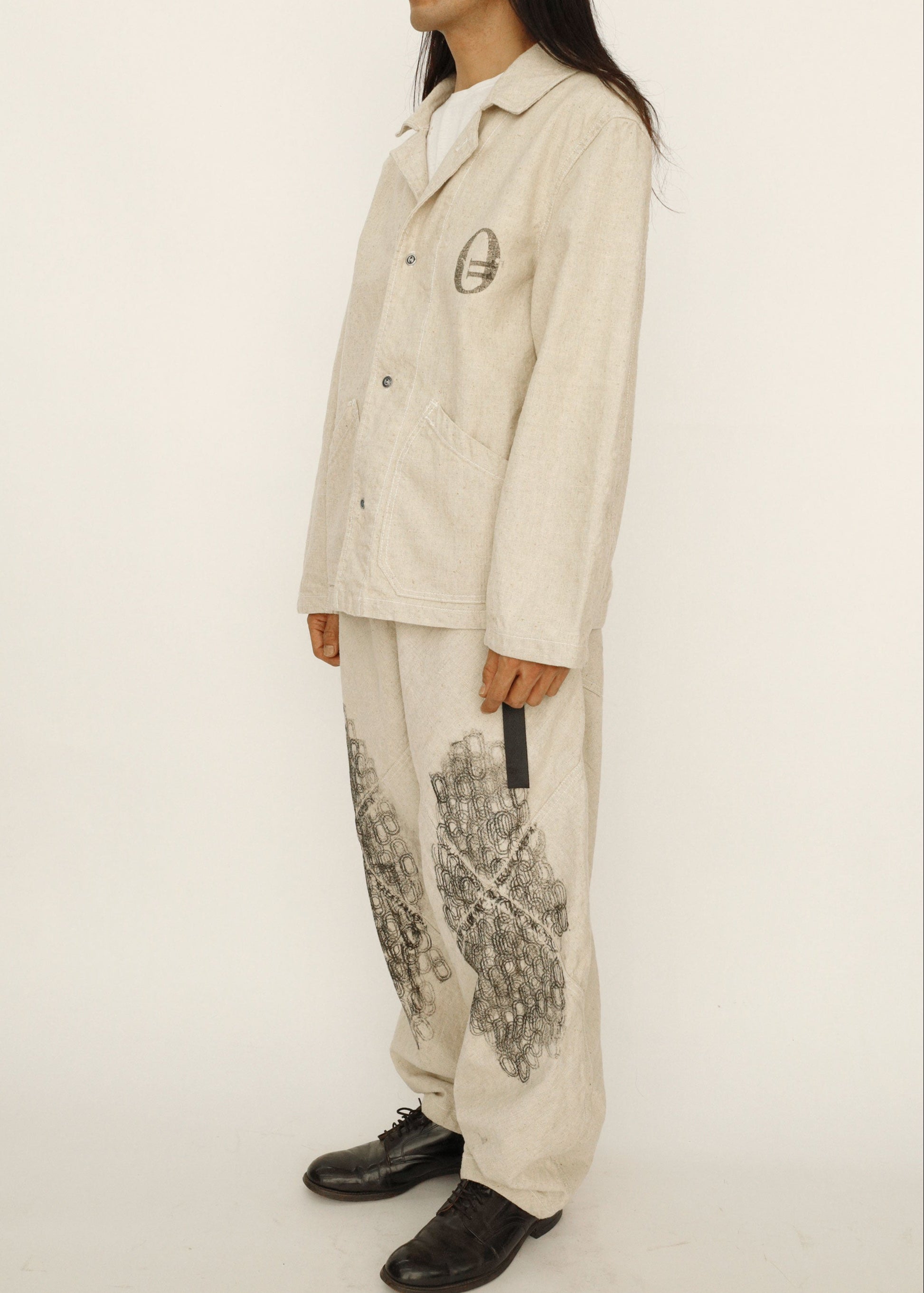 Hand Stamped One Mile Linen Jacket  Ivory M