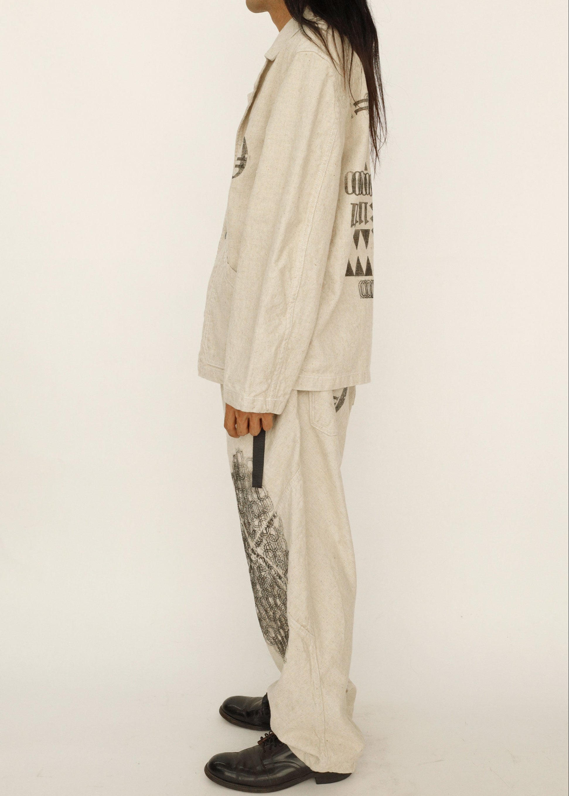 Hand Stamped One Mile Linen Jacket  Ivory M