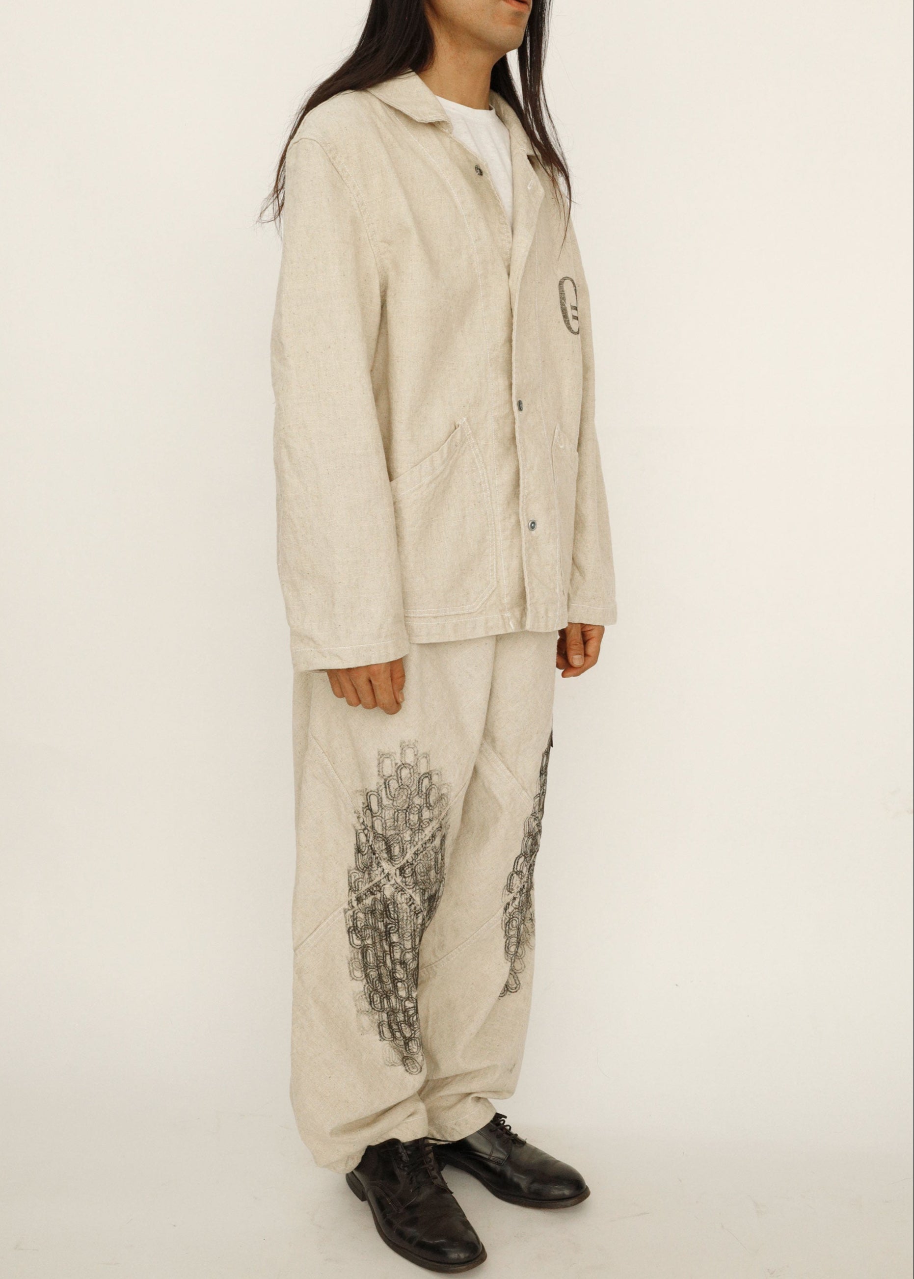 Hand Stamped One Mile Linen Jacket  Ivory M